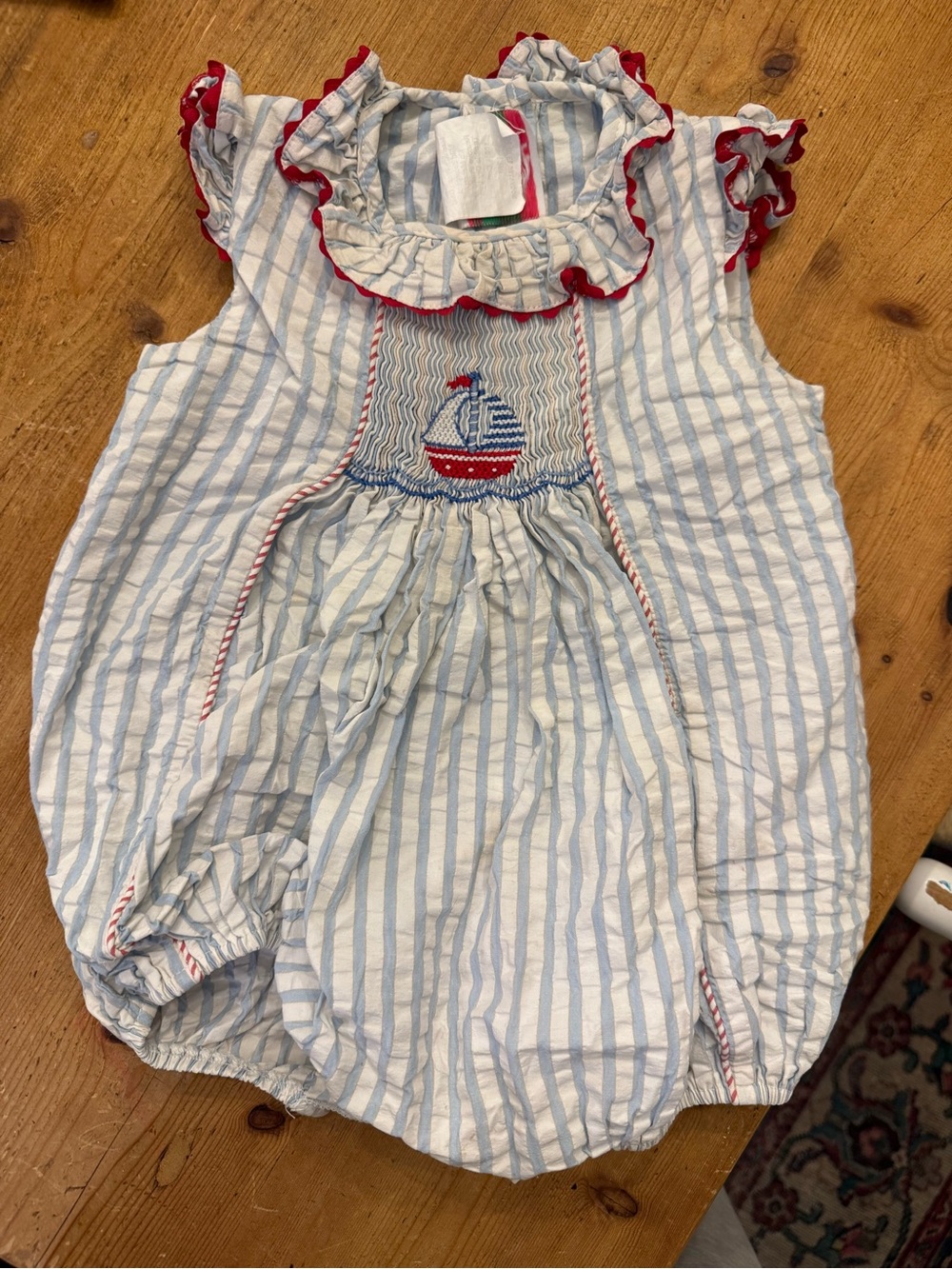 Blue & White Striped Baby Bubble Romper with Red Trim and Sailboat Embroidery